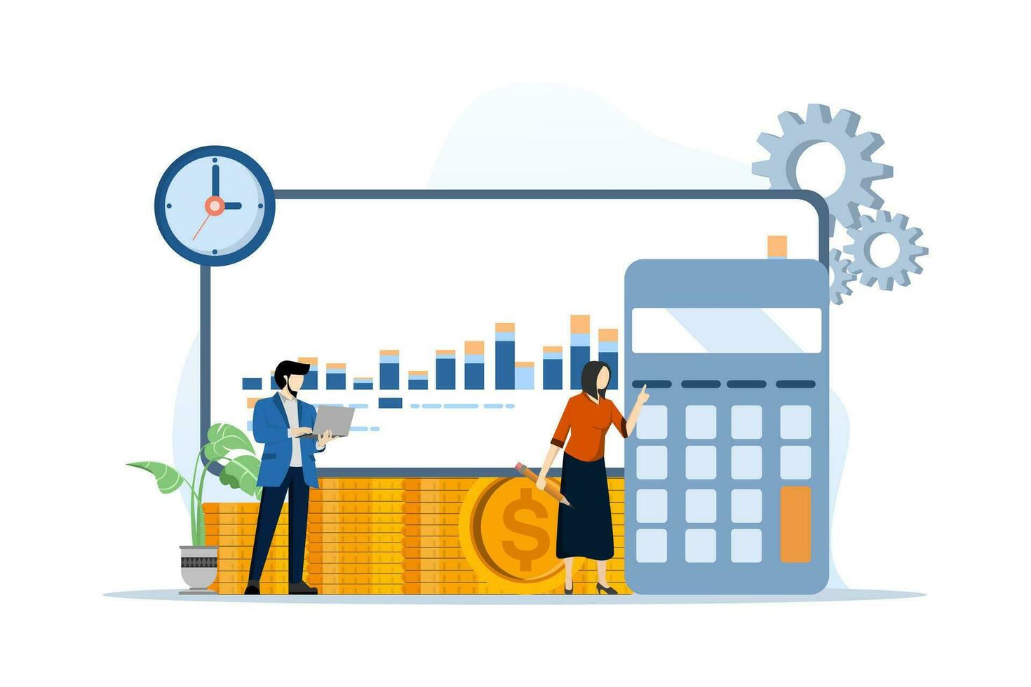 the concept of project planning, cooperation, and workflow processes, business managers perform analysis and calculations on project planning. flat vector illustration on white background.