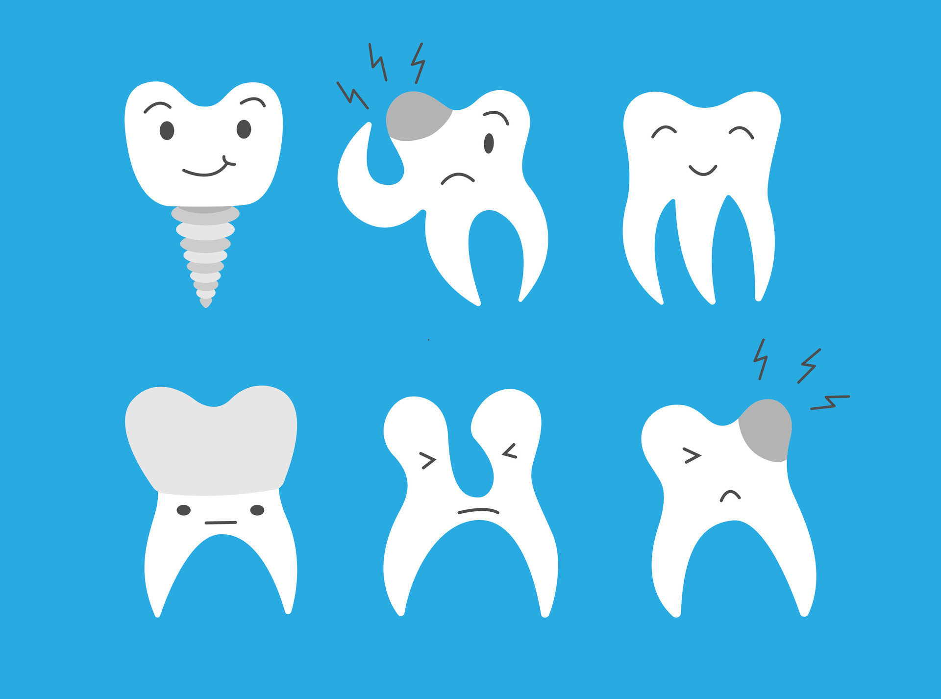 Cute flat teeth characters set with caries, implant, tooth crown