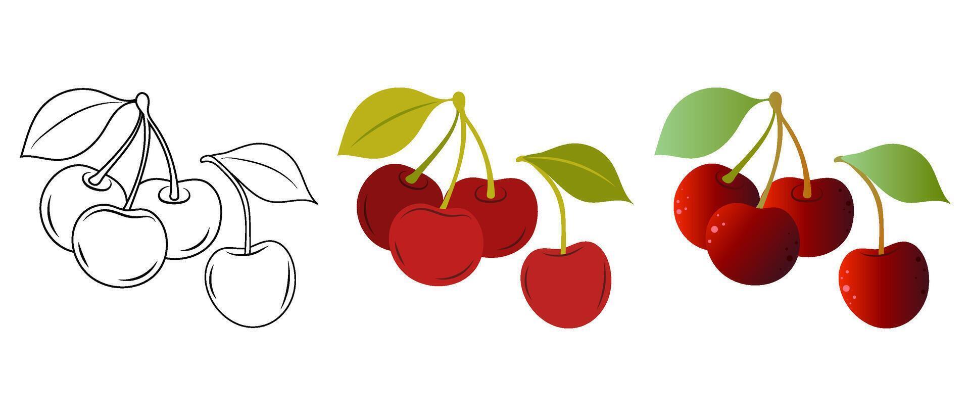 Set of vector illustrations of cherries in flat, doodle and 3D styles on a white background.