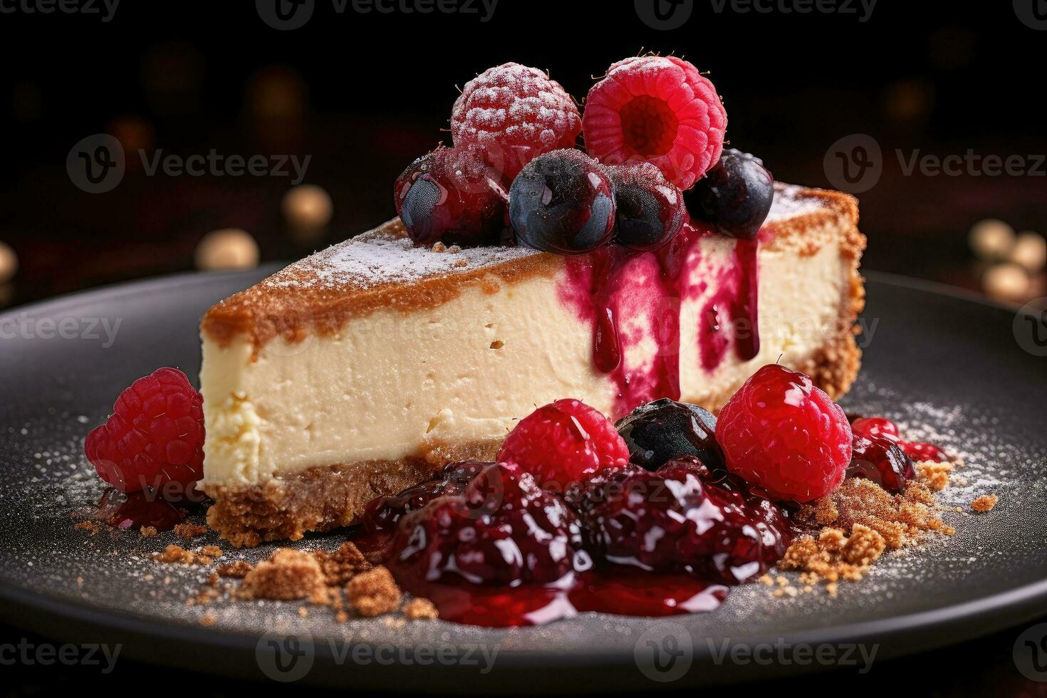 Amazing raspberry Cheese cake, dripping chocolate, Generative AI photo