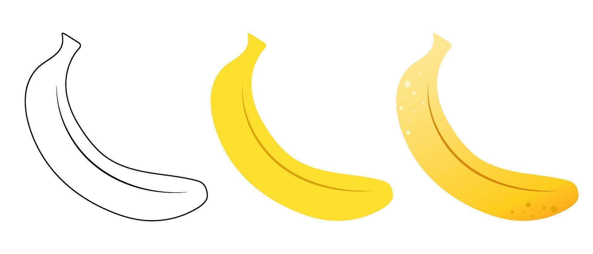 Set of vector illustrations of banana in flat, doodle and 3D styles on a white background.