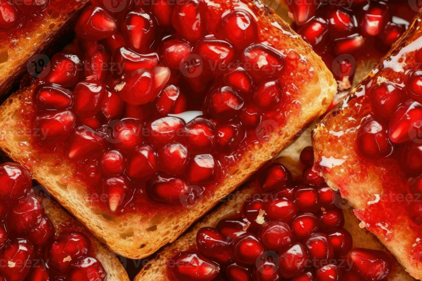 Pomegranate toast, macro shot of a fresh breakfast with Dripping Honey, AI Generated photo