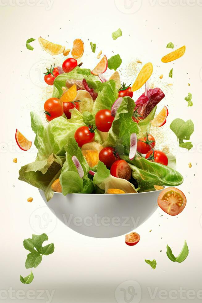 Salad flying ingredients on white background, AI Generated photo