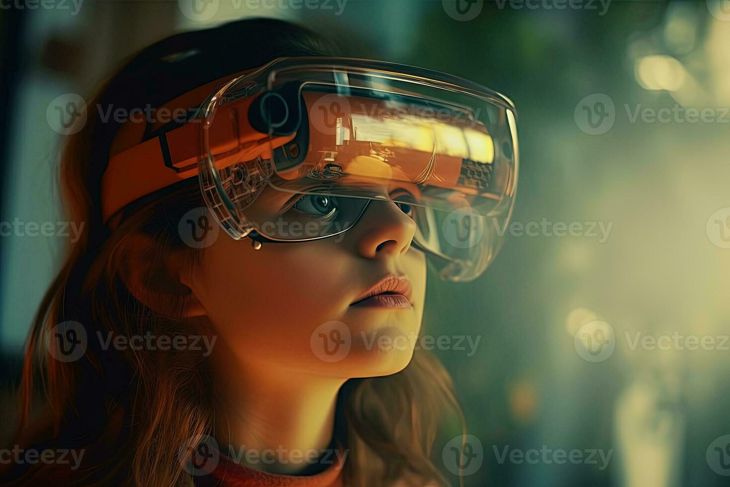AR glasses technology concept with transparent goggles. Augmented reality futuristic immersive experience. Generated AI photo