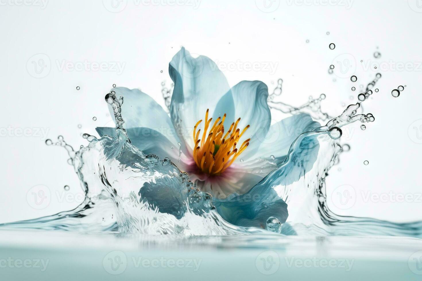 Flower in splashing water. Floral freshness concept with water drops for cosmetic, moisture and self-care packaging. Generated AI. photo