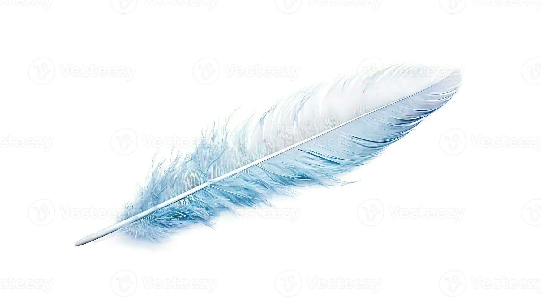 Bird feather on white background. Beautiful bird plumage or wing element, isolated smooth feather. Generated AI. photo