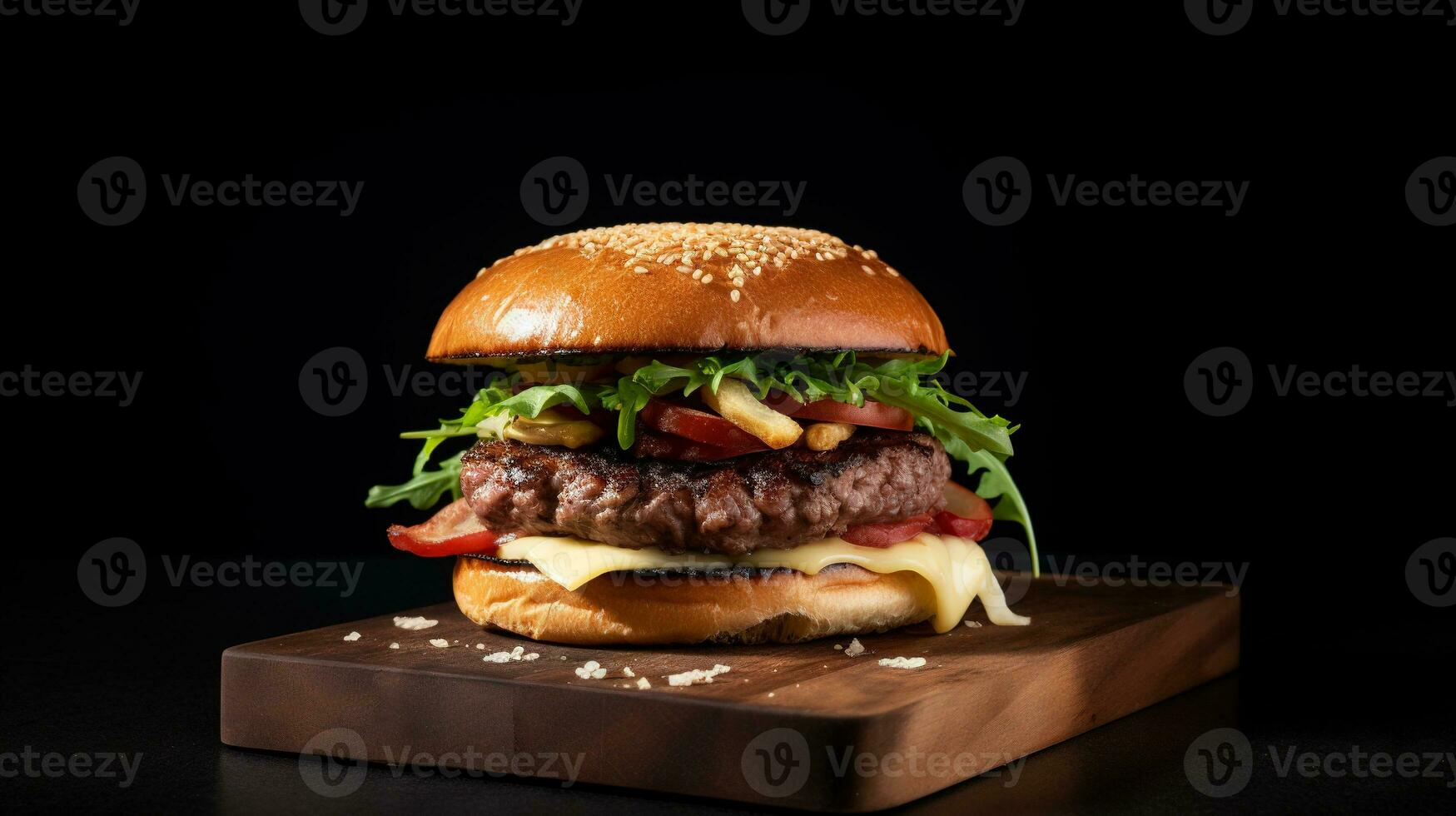 Juicy tasty hamburger on the table. Fast food image of a burger with grilled meat. Generated AI. photo