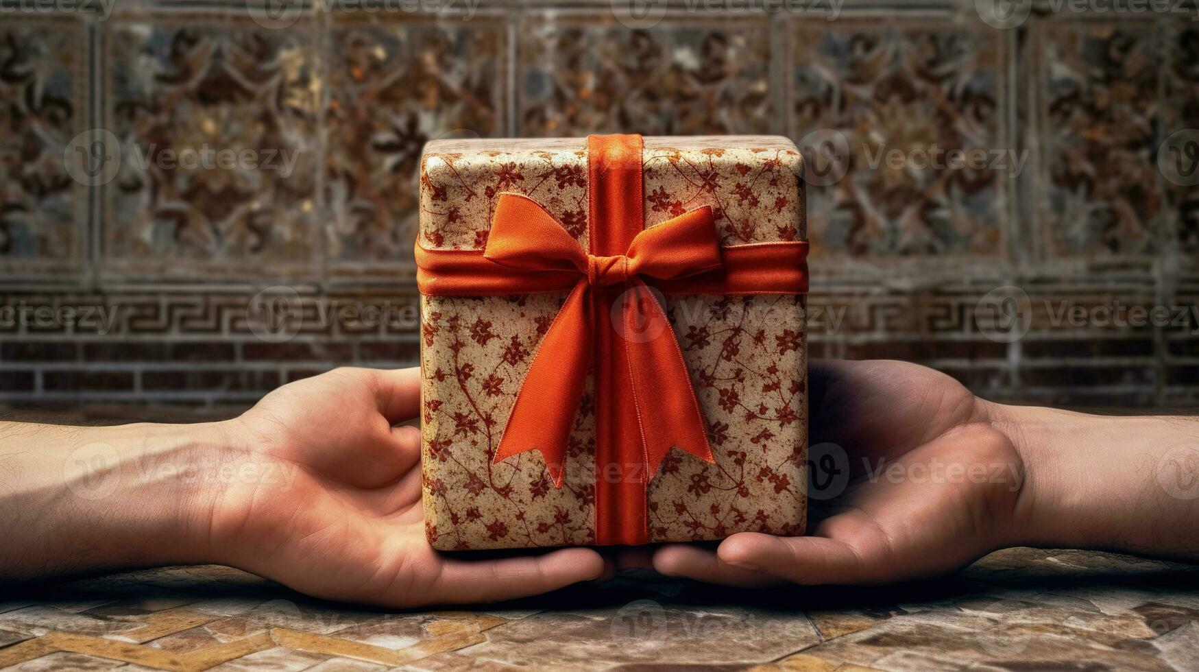 Handcrafted gift box in hands. Offering of the beautiful handmade giftbox. Generated AI. photo