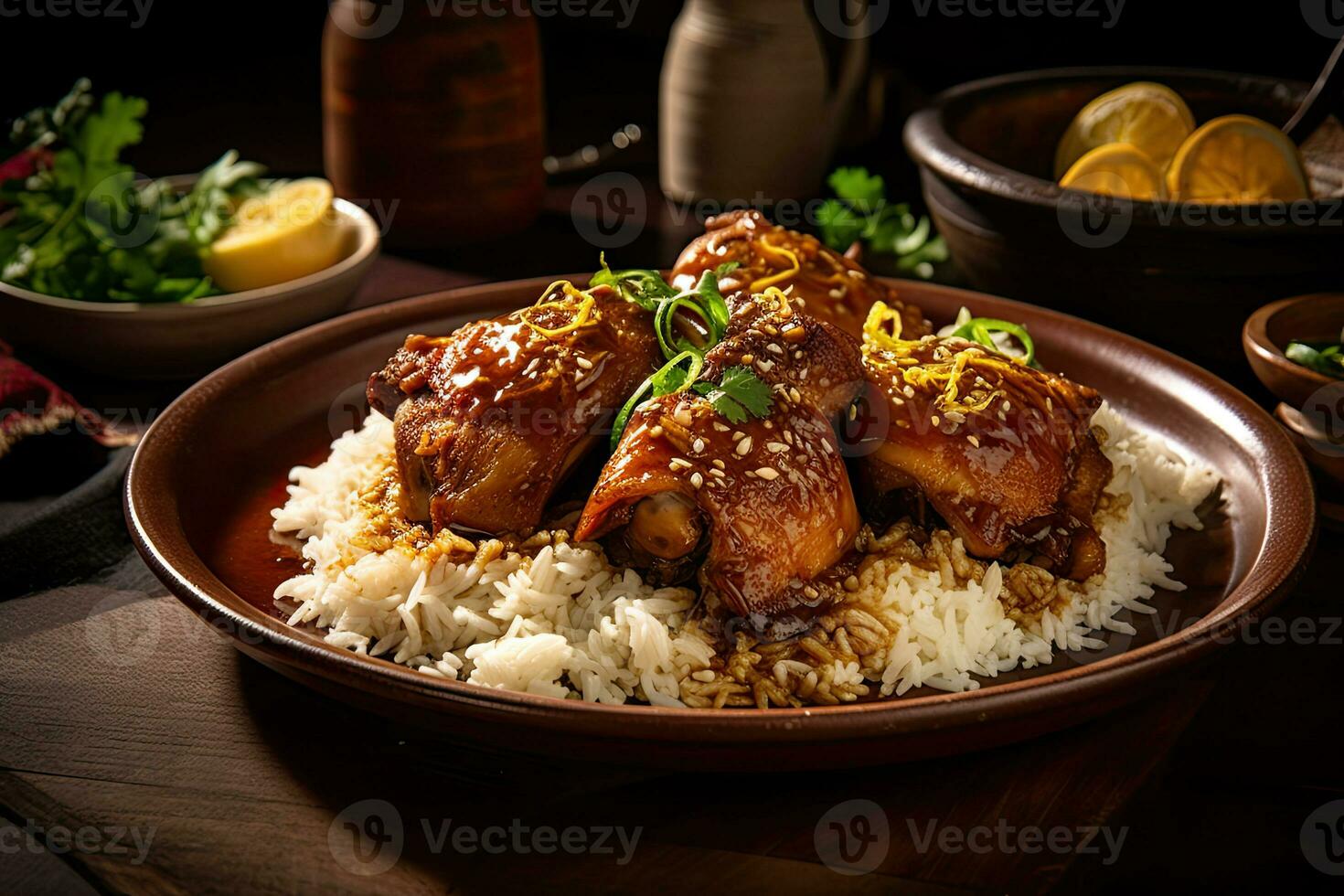 Chicken Biryani with rice and herbs parsley Generative AI photo