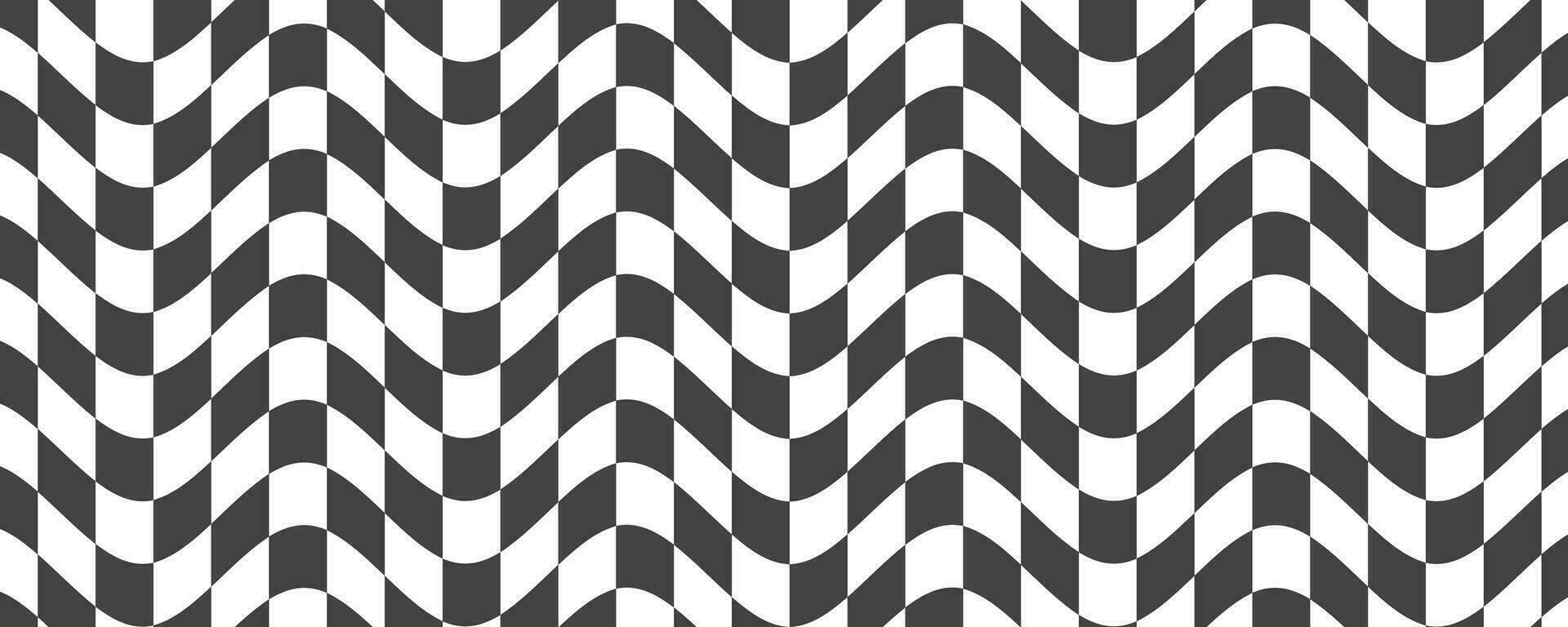 Checkerboard wavy pattern. Abstract chess square print. Black and white psychedelic optical illusion. Warped flag with geometric graphic. Y2k design for banner vector