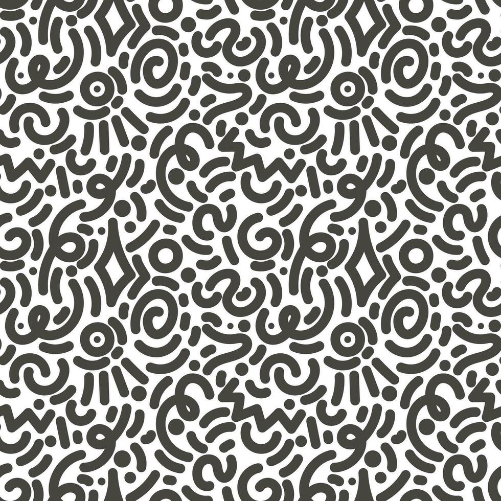 Abstract doodle background. Fun squiggle lines and shapes vector seamless pattern. Cute graphic art. Simple scribble kids design