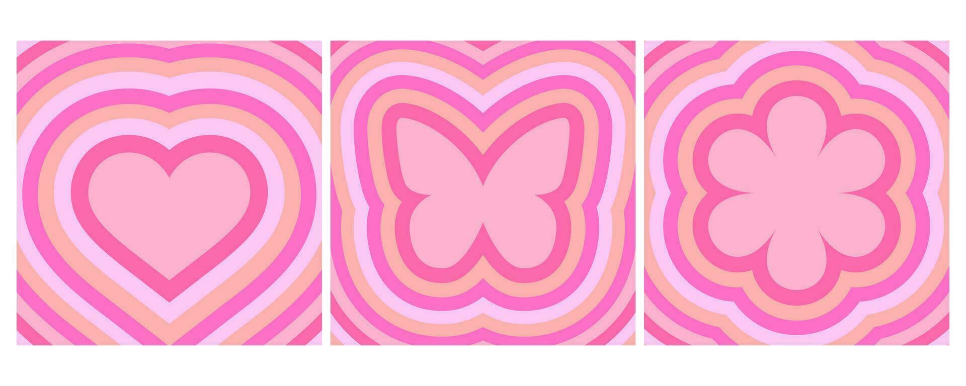 Groovy backgrounds with heart flower and butterfly. Retro psychedelic pink tunnel illustration. 60s 70s cartoon design for poster. Y2K romantic wallpaper. Vector art