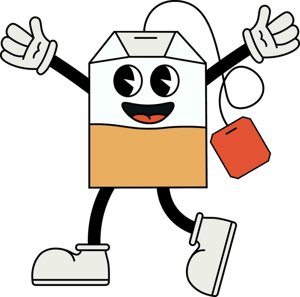 Tea bag character in 70s cartoon style vector