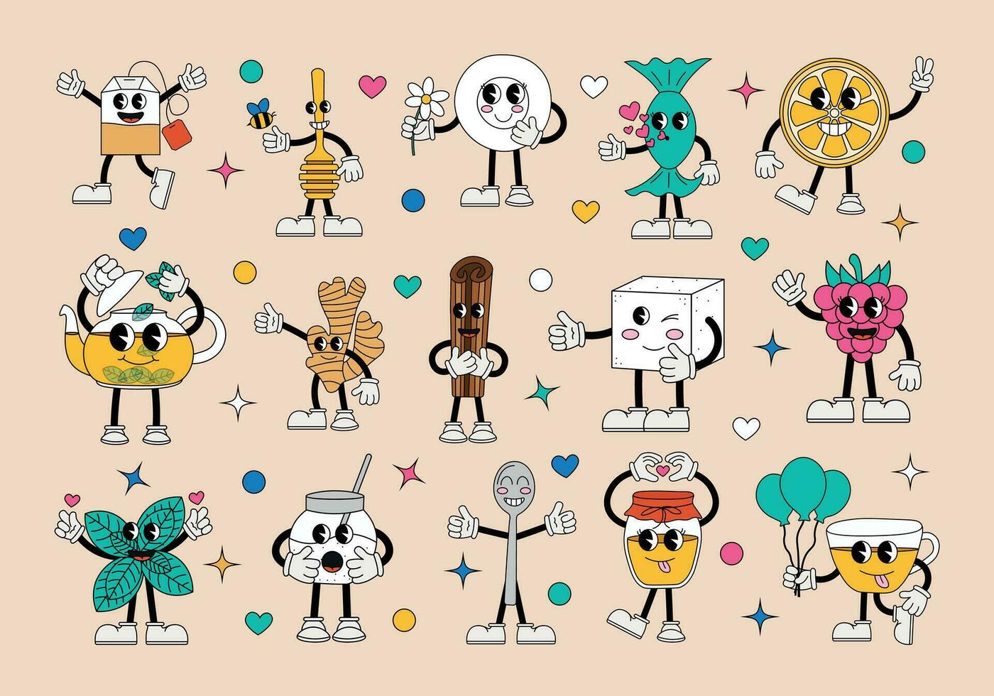 Tea set funny cartoon characters in 70s style vector