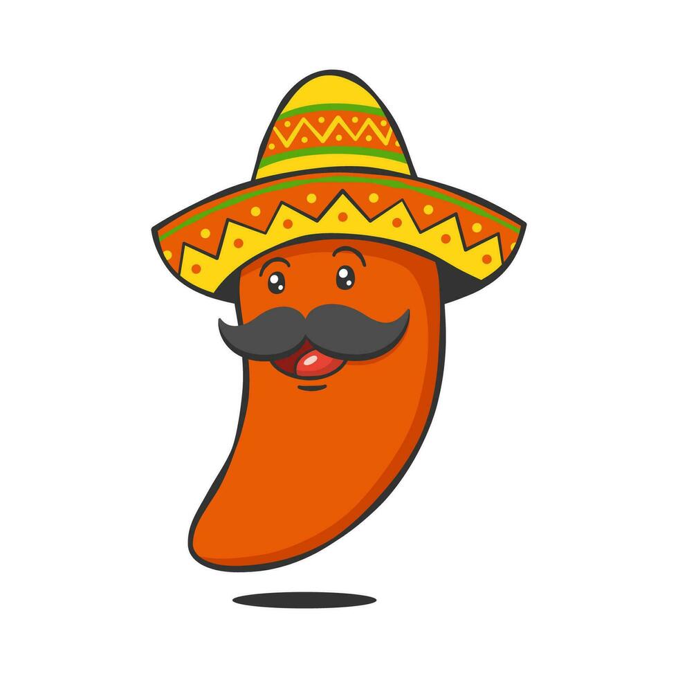 Cute Red Chili Pepper Cartoon Character With Mexican Sombrero Hat vector