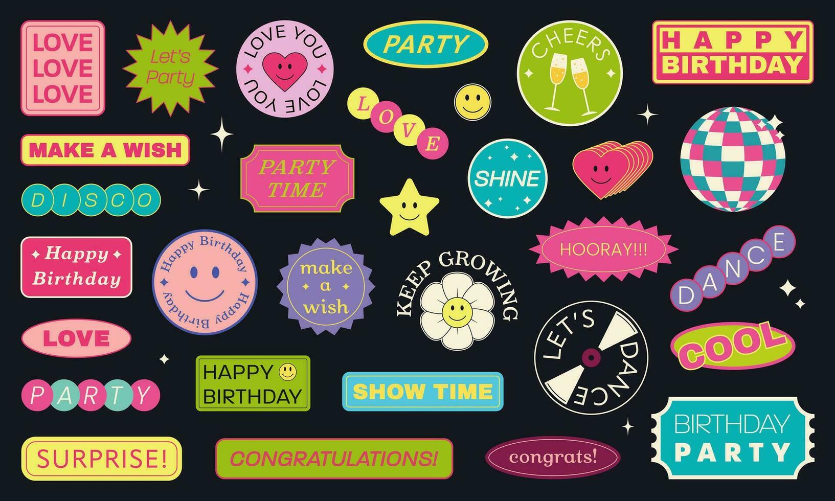 Birthday retro stickers collection. vector