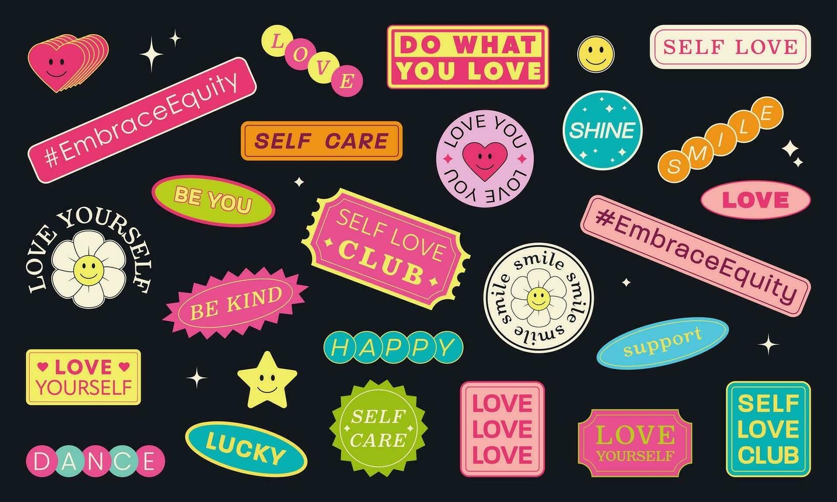 Retro stickers. Self love, self care, embrace equity. vector