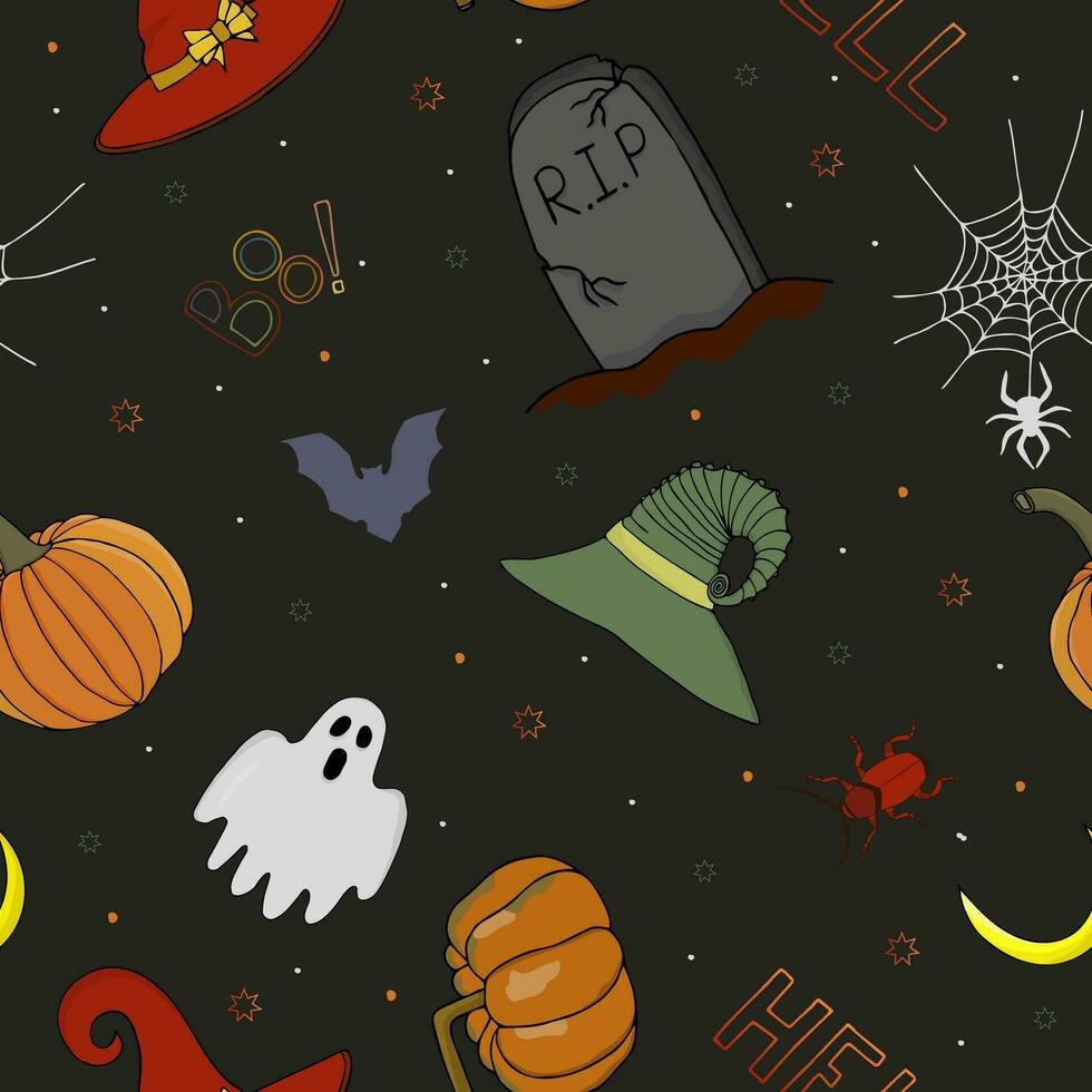 Seamless halloween pattern for kids. Vector spooky black background with textured spiders, pumpkins, ghosts, bugs. Funny creepy pattern for textile and fabric, wallpaper, photo zone, banner