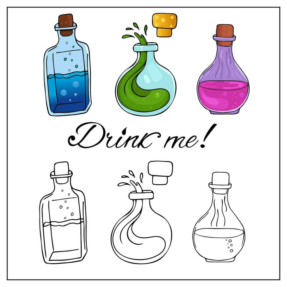 Poison bottles. Hand drawn set of glass flasks with magic elixir. Witchcraft element for Halloween, decoration, design. Esoteric icon. Bottle stickers vector