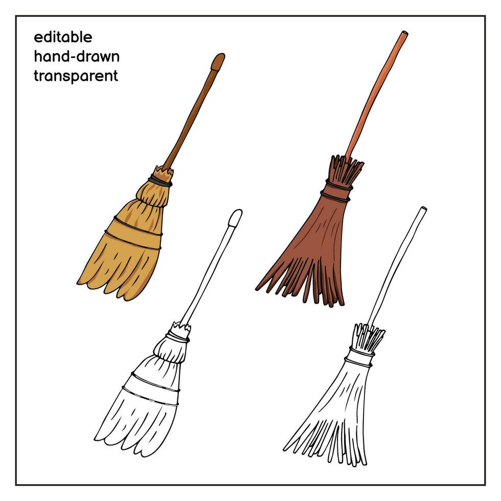 Hand drawn broom. Vector isolated illustration of flying broom icon. Black outline and colorful illustration of witch broom. Witchcraft tools.