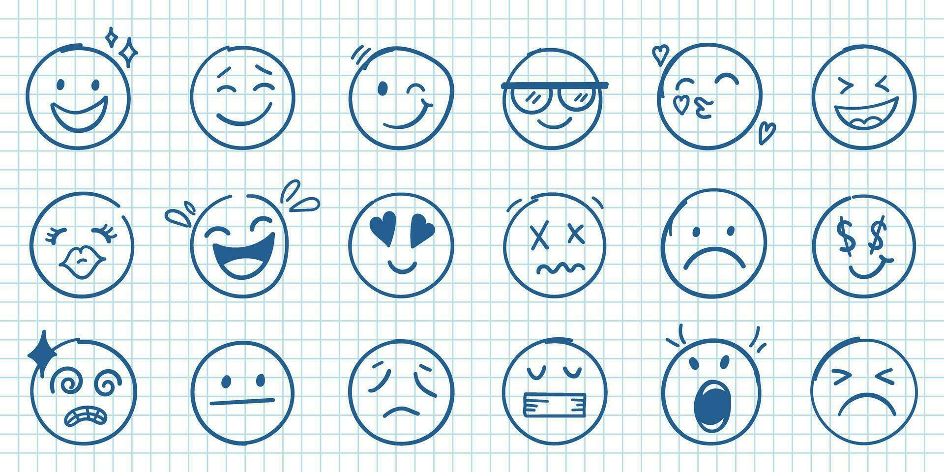 emojis caras icono en mano dibujado estilo. esquivar emoticones vector ilustración en aislado antecedentes. contento y triste cara firmar negocio concepto.