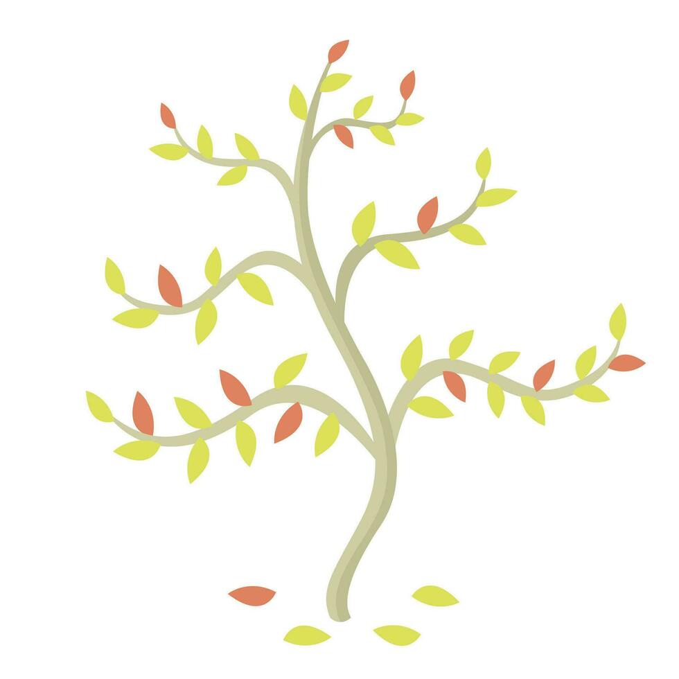 Minimalist flat autumn tree with yellow and red little leaves on white background. Organic forest concept. Vector simple illustration.