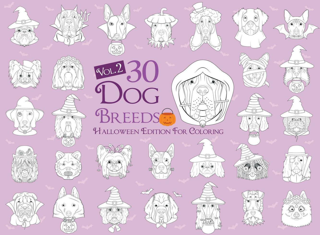 Set of 30 dog breeds with Halloween costumes for coloring. Set 2 vector