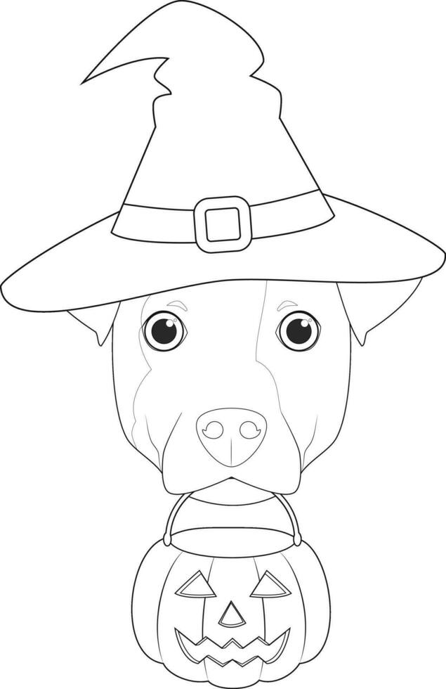 Víspera de Todos los Santos saludo tarjeta para colorante. Jack Russell perro vestido como un bruja con negro sombrero y un calabaza en el boca vector