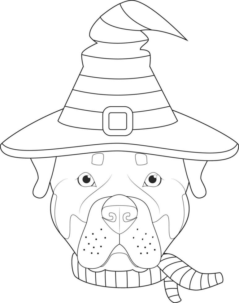 Halloween greeting card for coloring. Rottweiler dog dressed as a witch with black and purple hat and scarf vector
