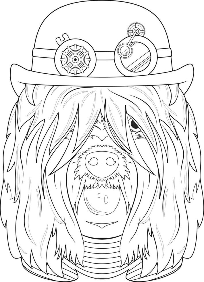 Halloween greeting card for coloring. Briard or Brie Shepherd dog with bowler hat and black and red striped t-shirt vector