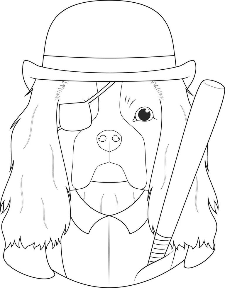 Halloween greeting card for coloring. Cavalier King Charles Spaniel dog with bowler hat, patch, white shirt with suspenders, and a baseball bat vector