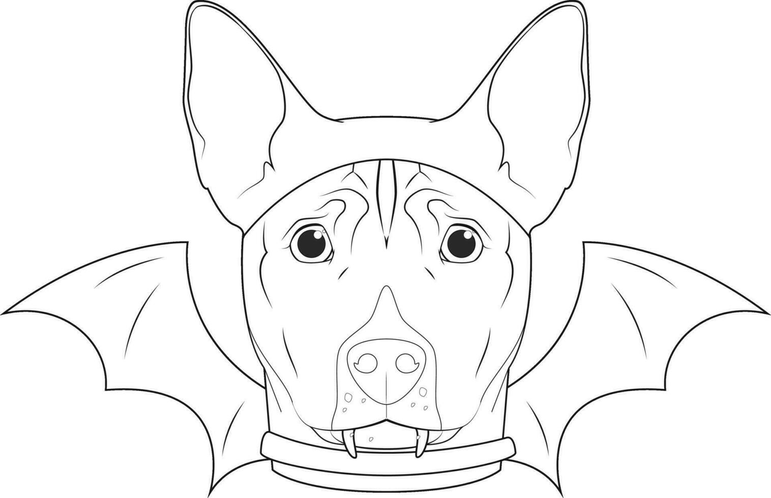 Halloween greeting card for coloring. Basenji dog dressed as a bat with black ears and wings vector