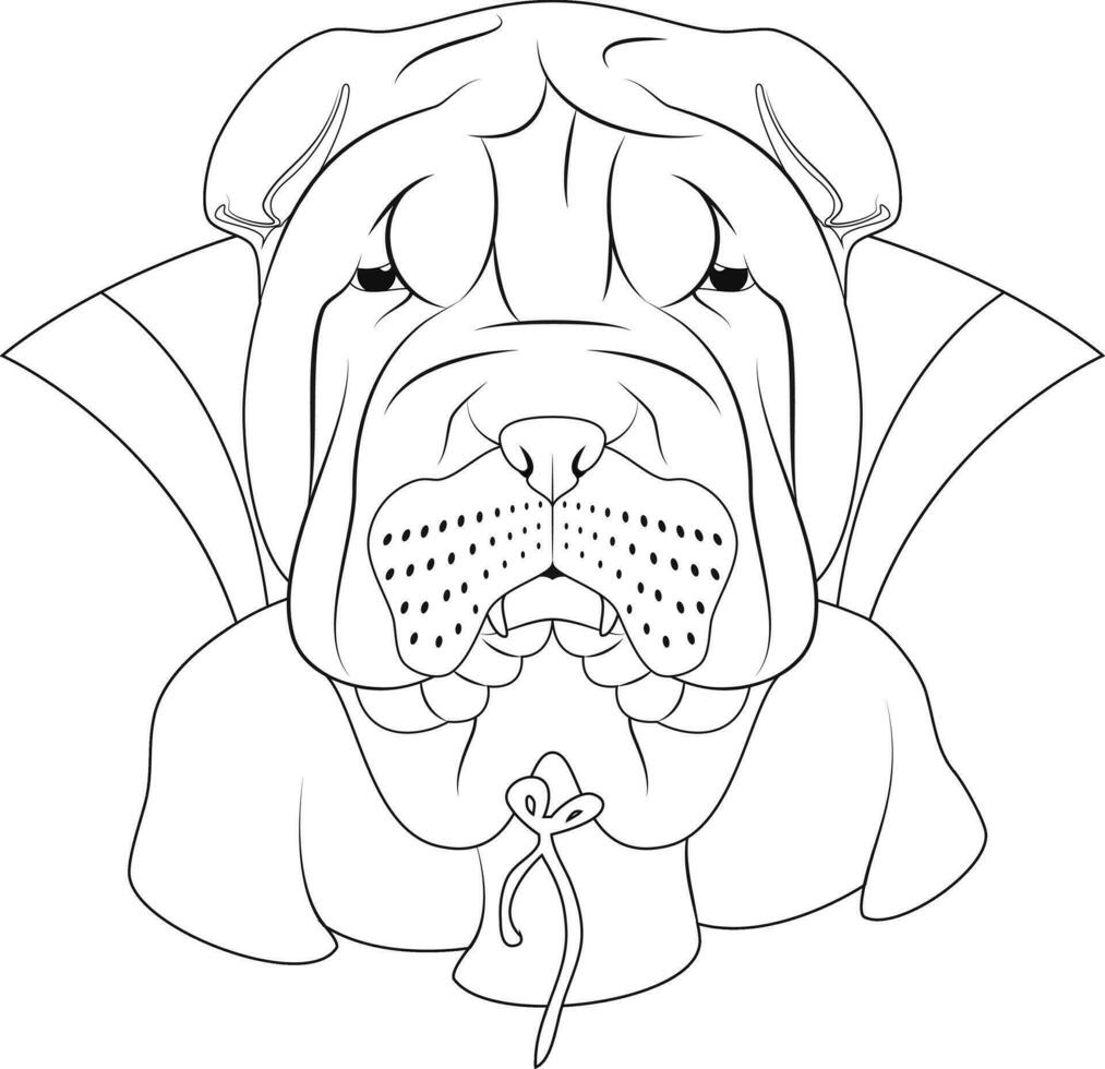 Halloween greeting card for coloring. Shar Pei dog dressed as a vampire with fangs and cape vector