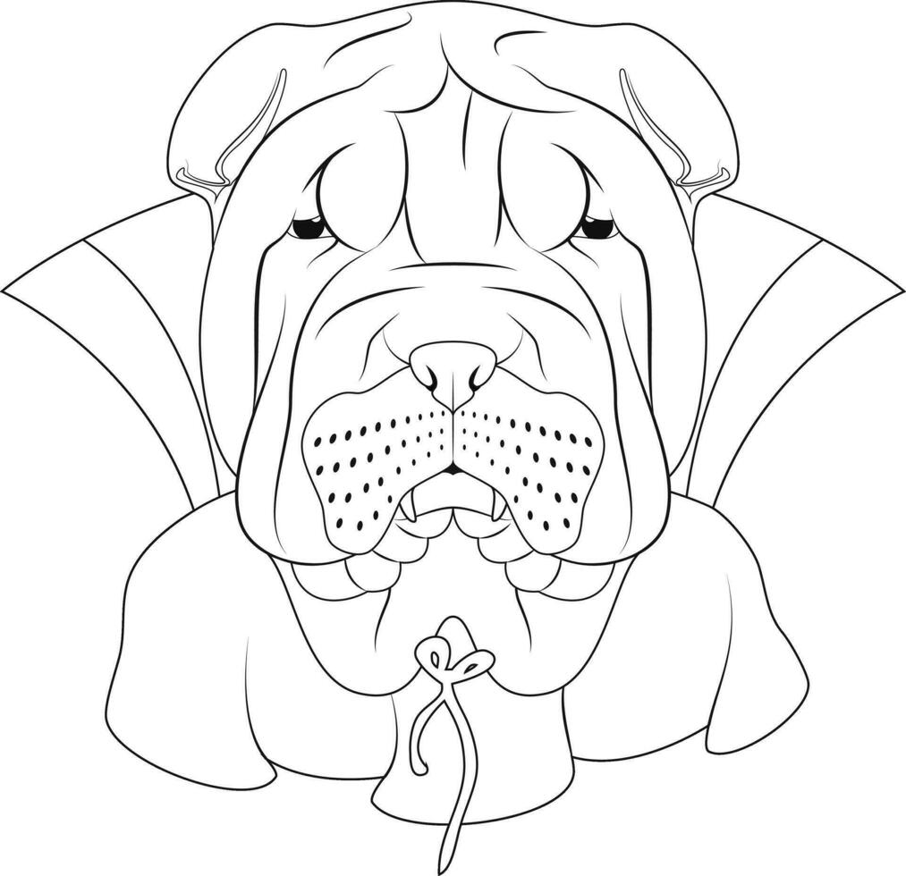 Víspera de Todos los Santos saludo tarjeta para colorante. Shar pei perro vestido como un vampiro con colmillos y capa vector