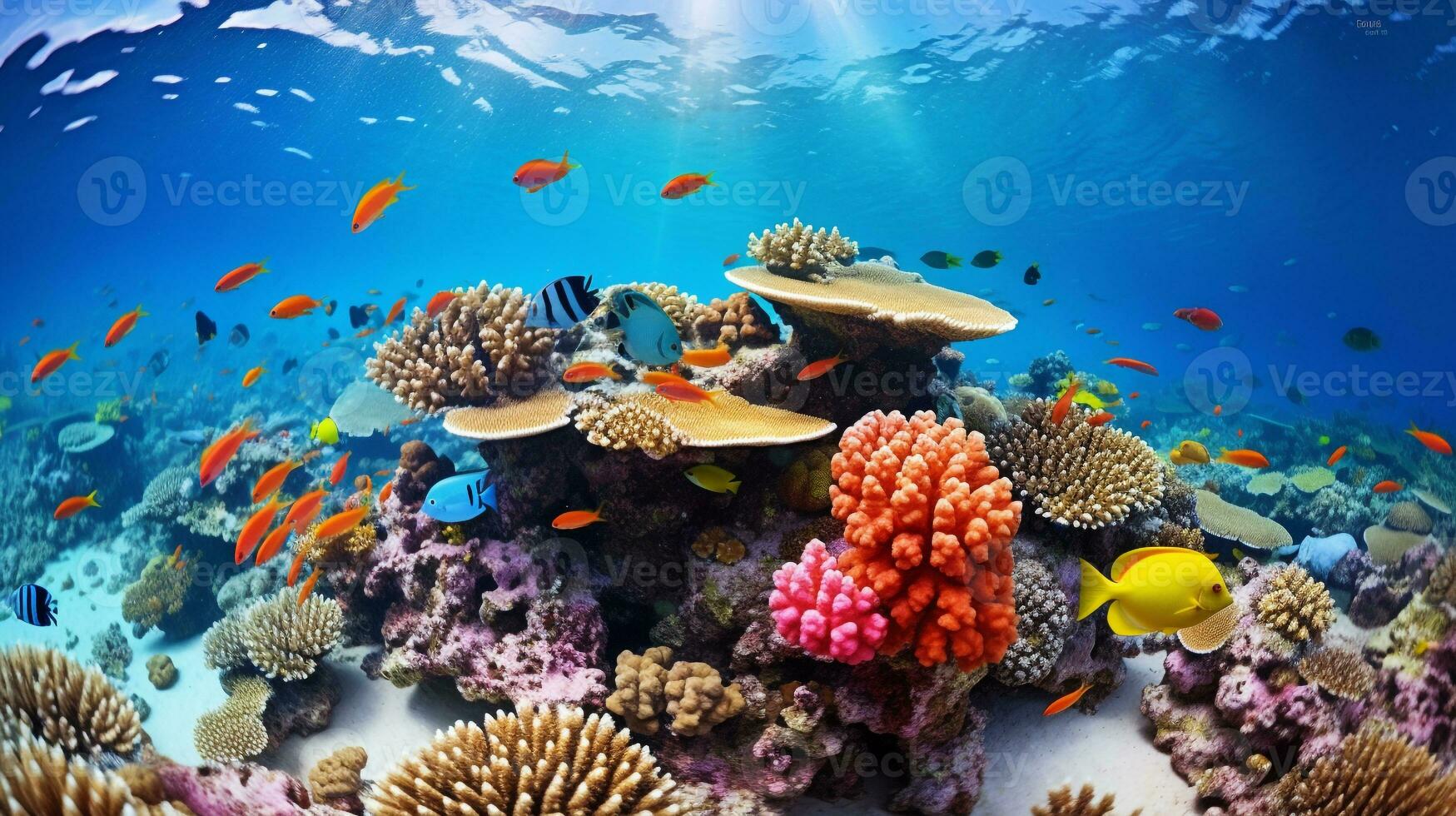 Enchanting underwater scene of a vibrant, multi-colored coral reef teeming with diverse fish AI Generative photo