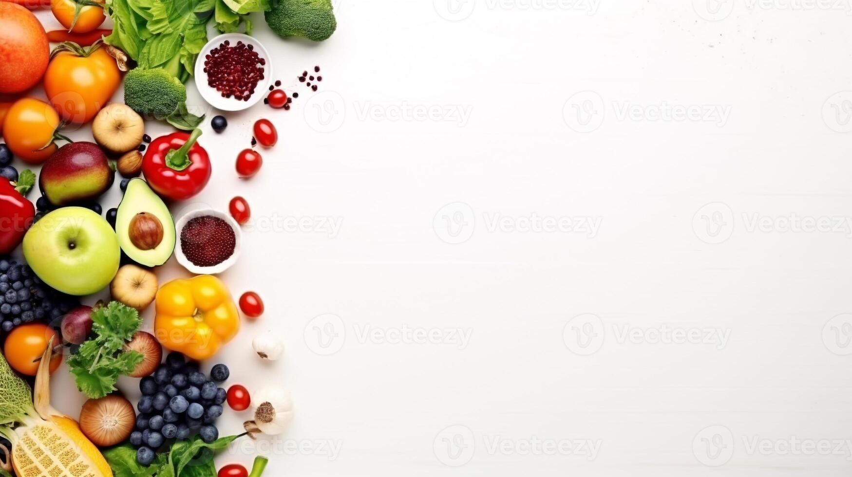 Healthy and fresh foods in a flat lay arrangement with a large copy space at the corner photo