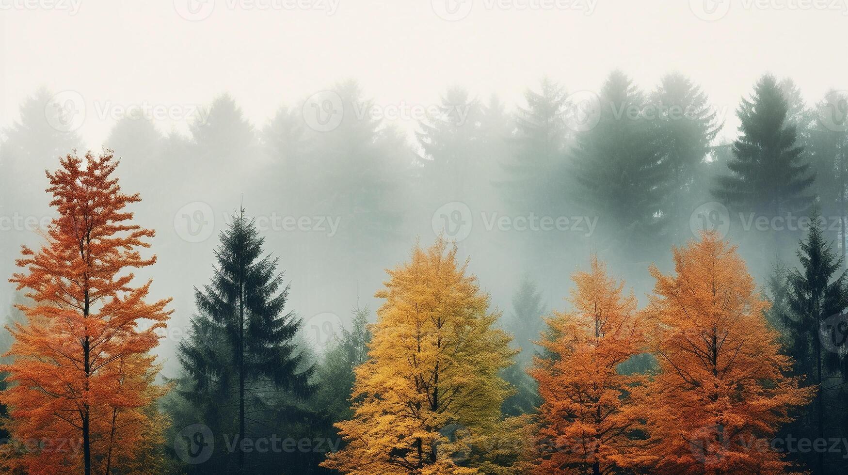 Misty forest during autumn with tall trees and multicolored leaves, providing ample copy space photo