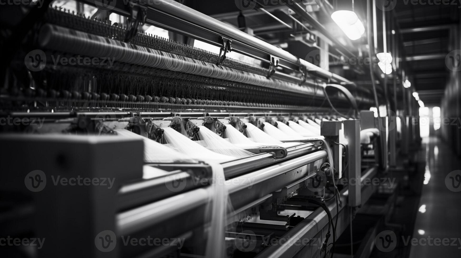 Modern textile factory with automated looms weaving patterns AI Generative photo