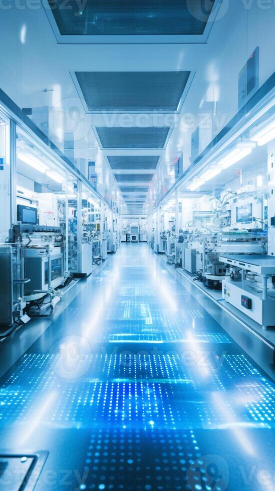 Clean-room environment in a microchip production under blue light photo