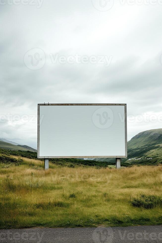 Rural tranquility featuring a blank billboard frame against rolling hills, untapped advertising potential photo