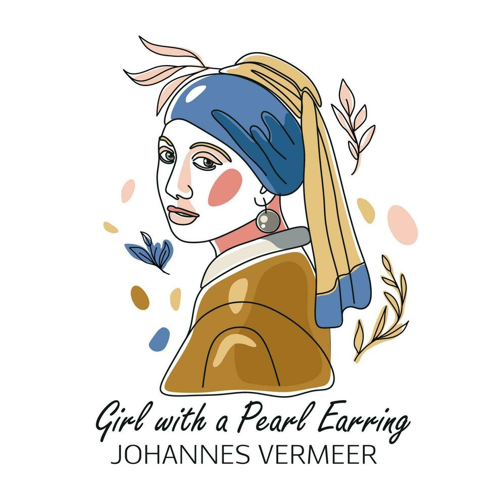 The Girl With The Pearl Vector Portrait, artist Vermeer.