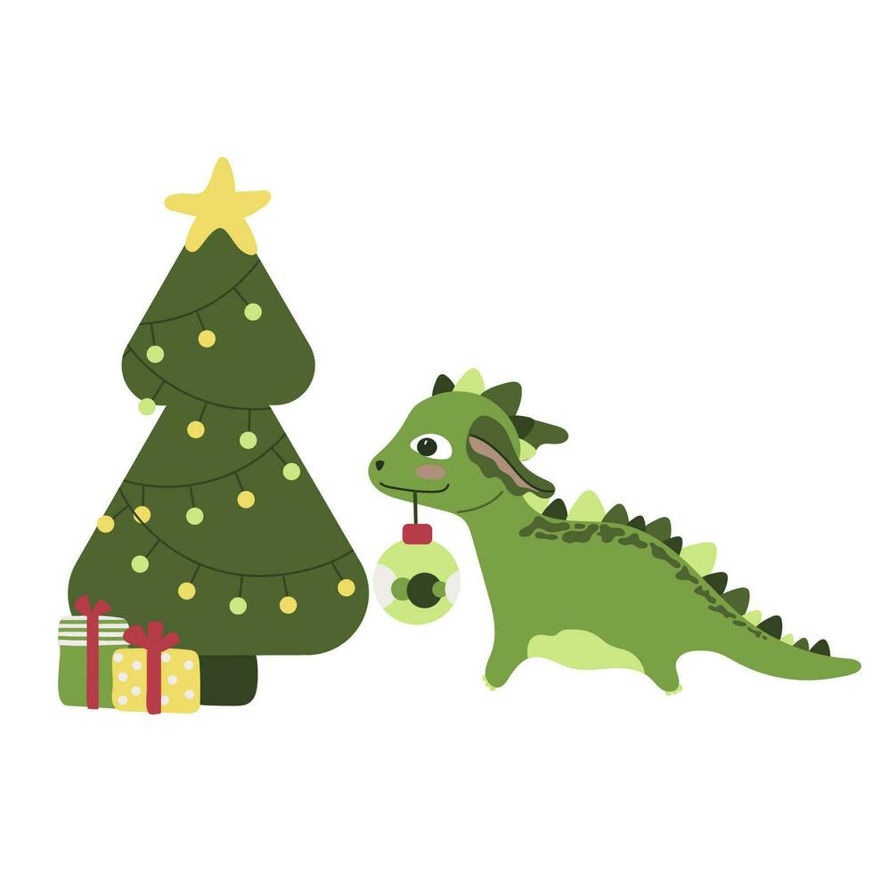 Green little dragon symbol of 2024 with toy for christmas tree. Holiday card with gifts. Chinese New Year vector