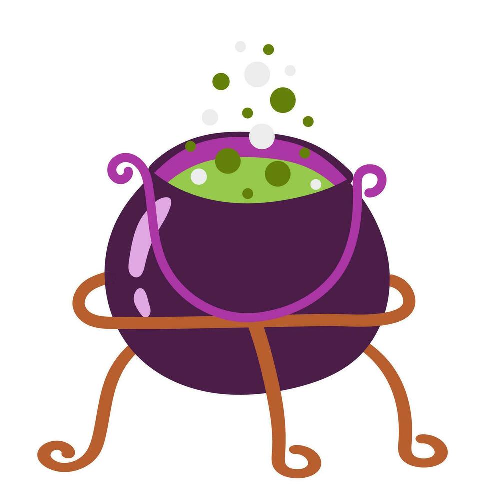 Happy Halloween sticker. Witch's cauldron with green potion. Boiling Brew vector