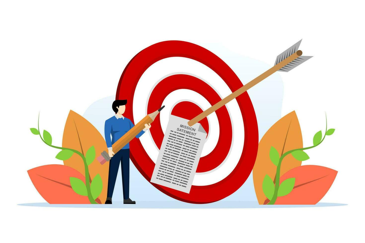 concept of writing a company mission statement, strategy or values to achieve business goals, mission, vision and values, goals, objectives, businessman with pencil writing mission statement. vector