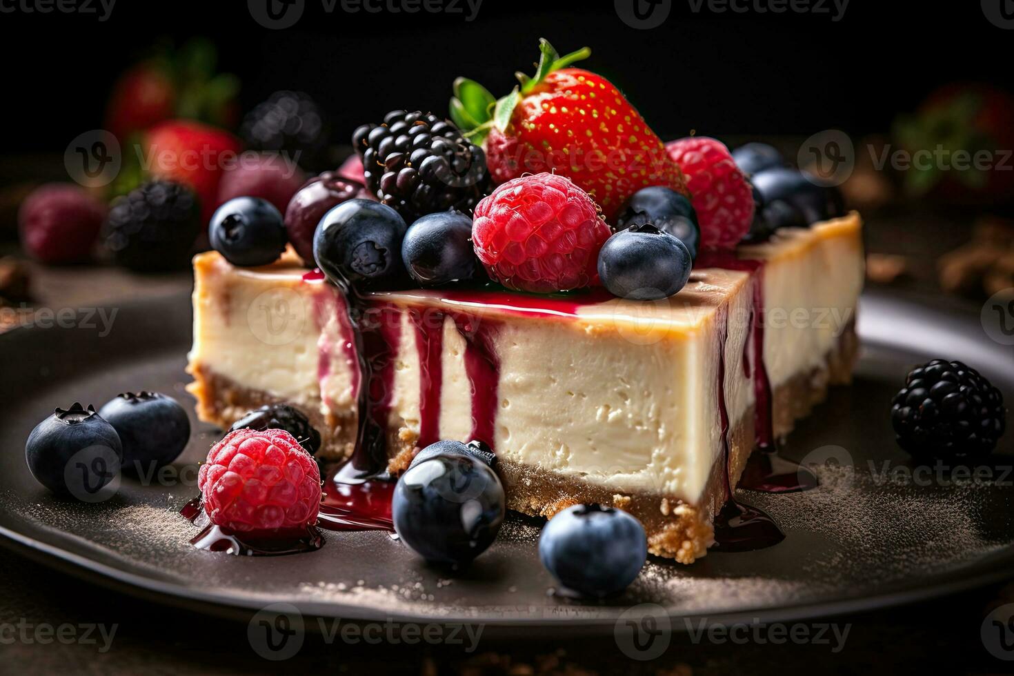 Amazing raspberry Cheese cake, dripping chocolate, Generative AI photo