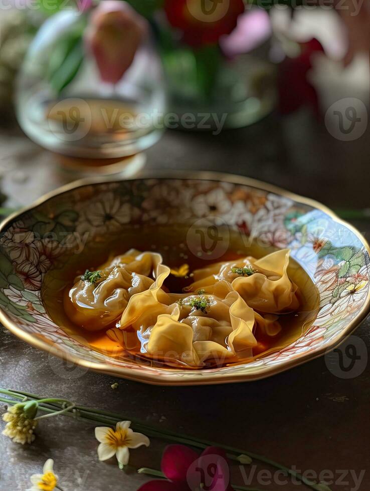 Shui lan fried wonton for chinese kung pao, in the style of flower and nature motifs AI Generated photo