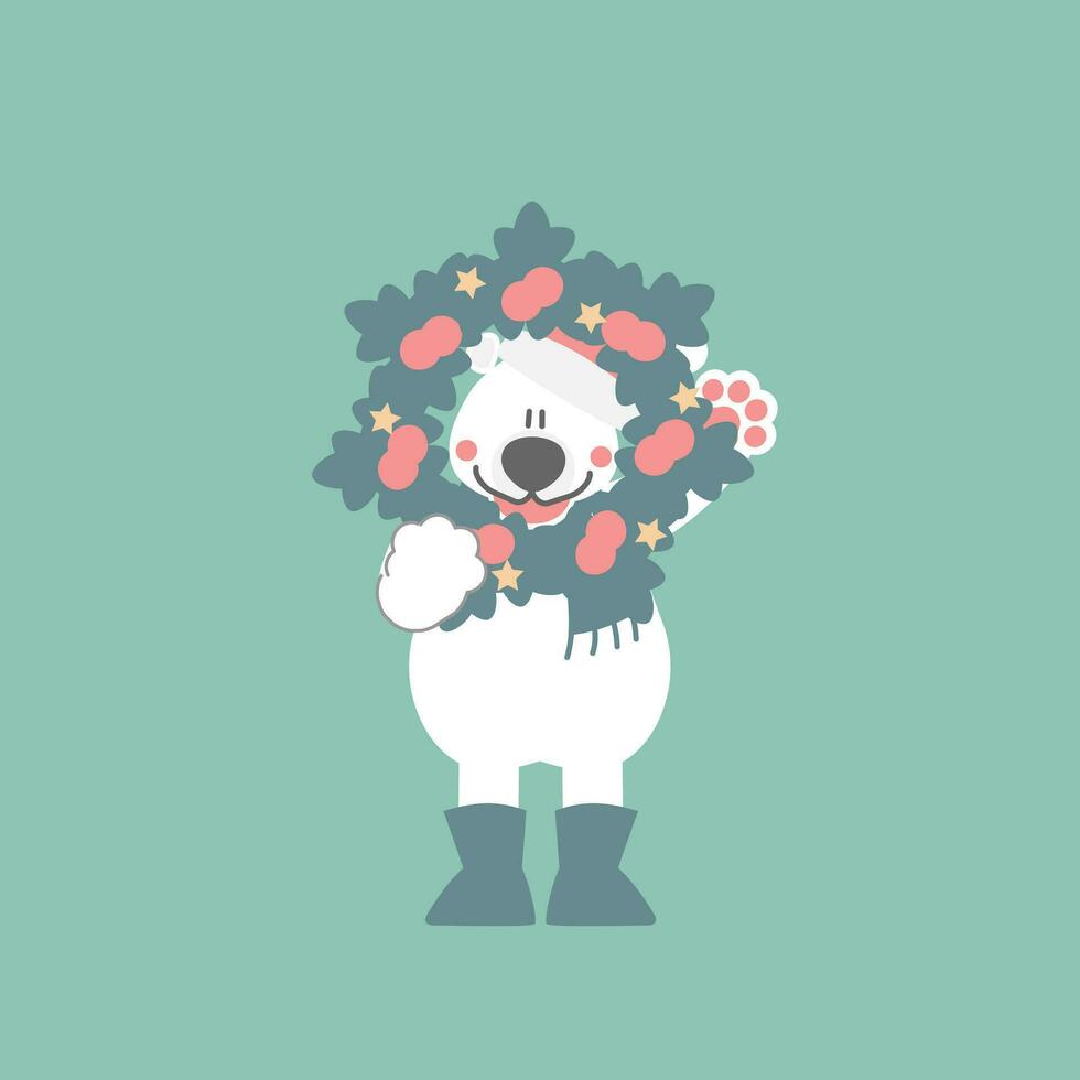 alegre Navidad y contento nuevo año con linda polar oso y guirnalda en el invierno temporada verde fondo, plano vector ilustración dibujos animados personaje disfraz diseño