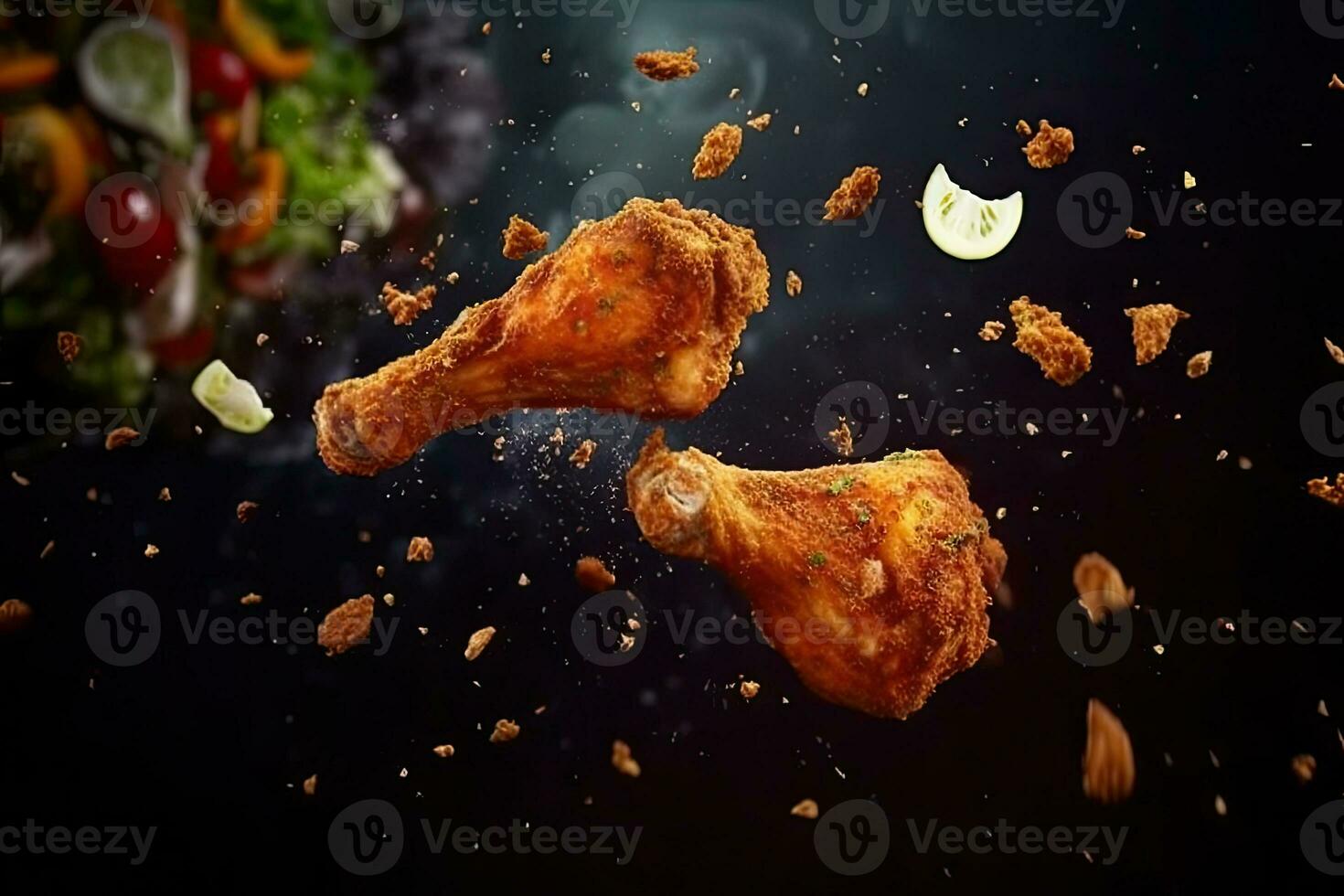 Flying elements of fried chicken with tomatoes and parsley, Generative AI photo