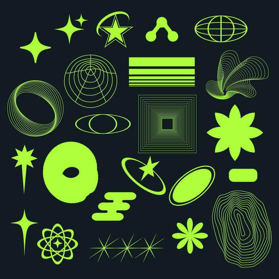 Set of abstract neon y2k geometric wireframe elements, shapes vector