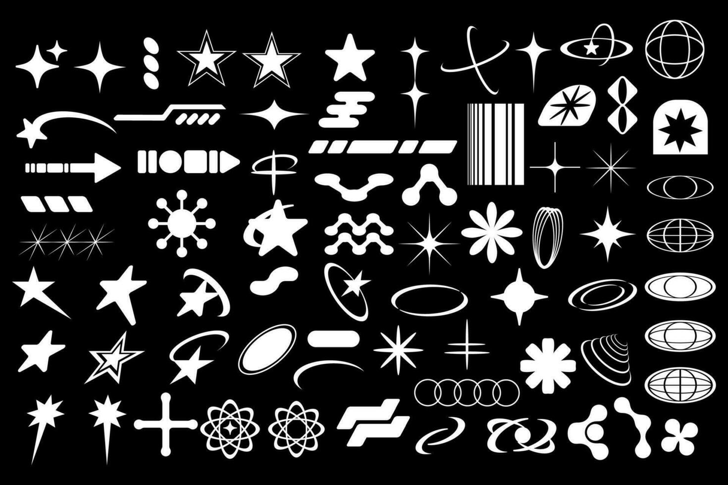 Set of white on a black background abstract y2k geometric elements and shapes. vector